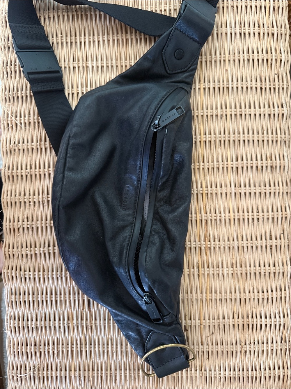 Lo & Sons Black Leather Belt Bag with Gold Tone Ring